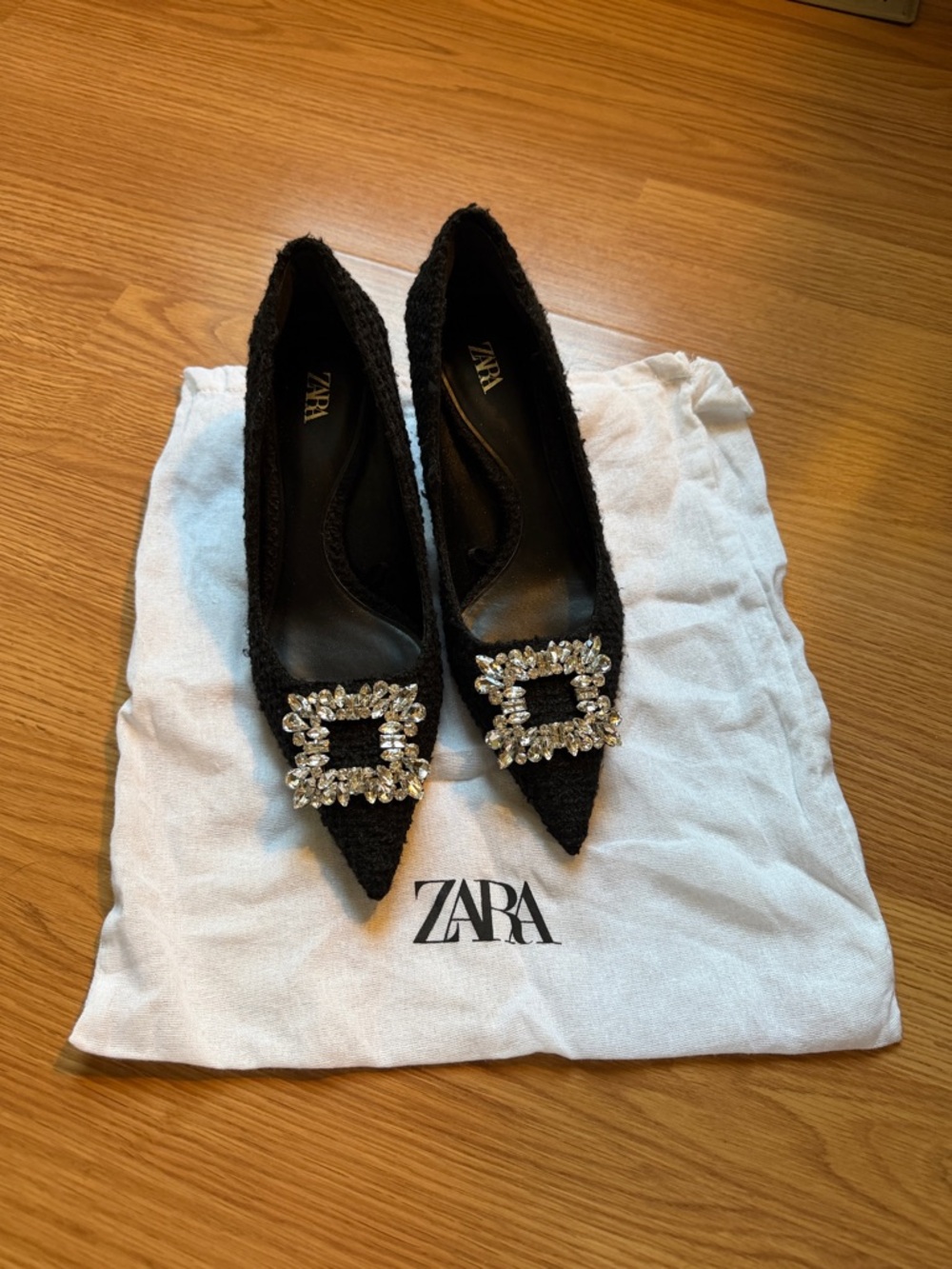 Zara Black Pointed Toe Heels with Crystal Buckles